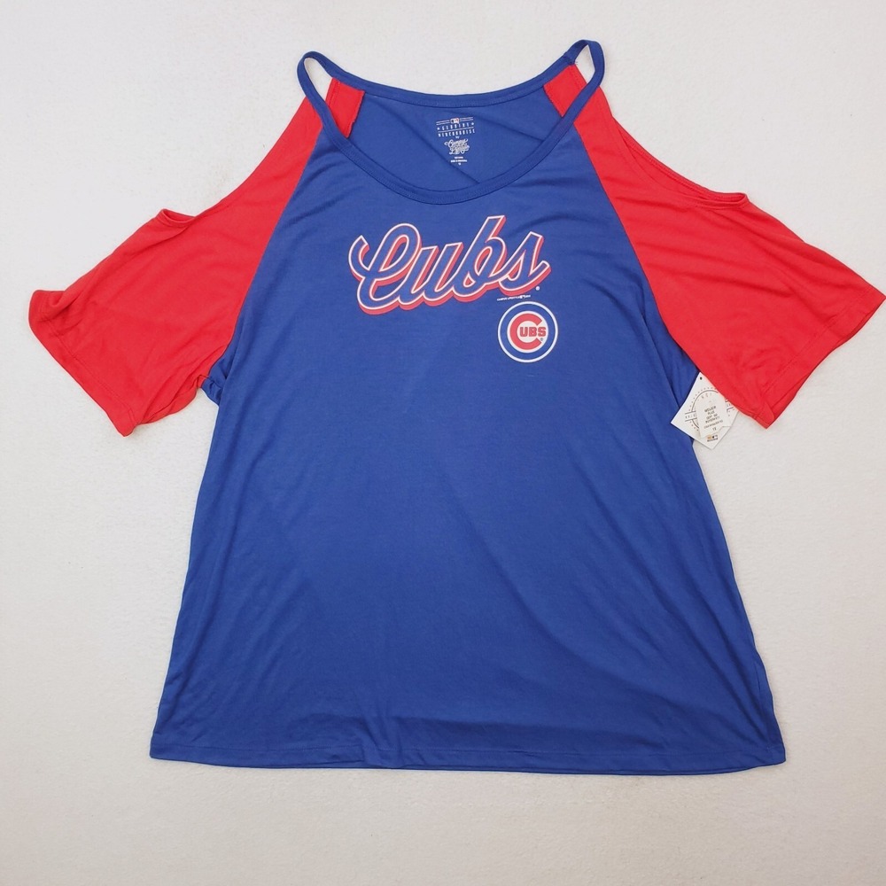 Chicago Cubs‎ Shirt Womens 1X Blue Red Cold Shoulder Spellout Short Sleeve NWT